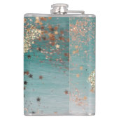 Gepersonaliseerde Glitter Gold Stars op Blauwgroen Heupfles (Achterkant)