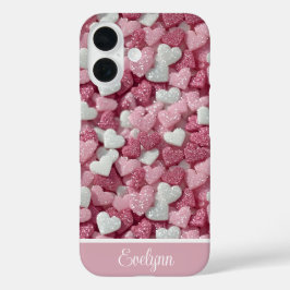 Gepersonaliseerde Glitter Harten Liefde/Valentijns iPhone 16 Hoesje