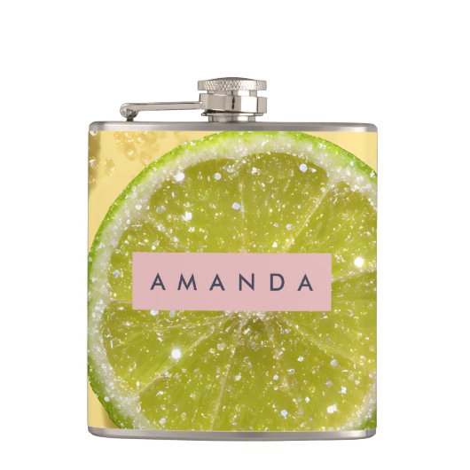 Gepersonaliseerde Glitter Lime Snee Glanzende Citr Heupfles (Voorkant)