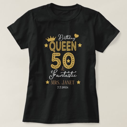 Gepersonaliseerde glitterij 50e verjaardag koningi t-shirt (Design voorkant)