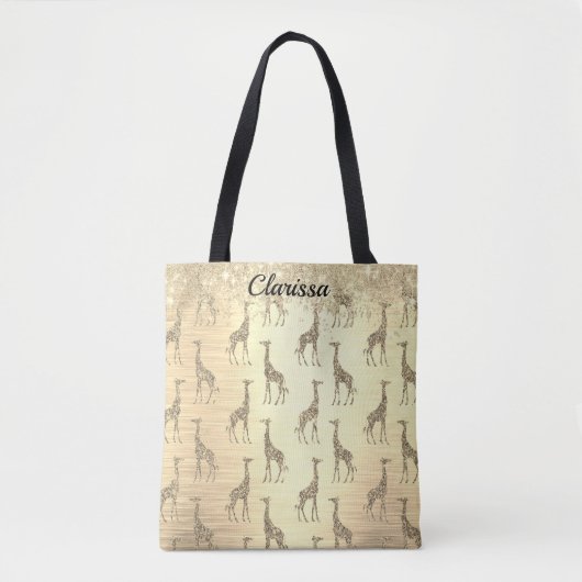 Gepersonaliseerde Glittery Giraffe op Metallic Gol Tote Bag (Voorkant)