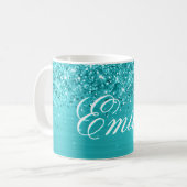 Gepersonaliseerde Glittery Turquoise Blue Folie Koffiemok (Voorkant links)