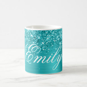 Gepersonaliseerde Glittery Turquoise Blue Folie Koffiemok
