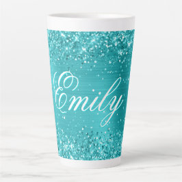 Gepersonaliseerde Glittery Turquoise Blue Folie Latte Mok