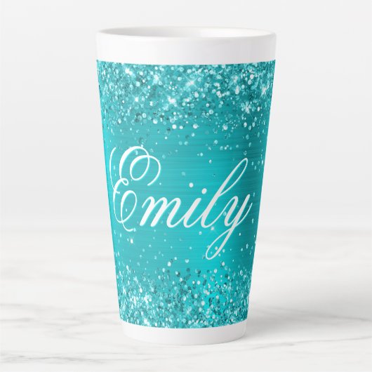 Gepersonaliseerde Glittery Turquoise Blue Folie Latte Mok (Voorkant)