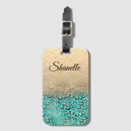 Gepersonaliseerde Glittery Turquoise Luipaard Bagagelabel