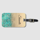 Gepersonaliseerde Glittery Turquoise Luipaard Bagagelabel (Voorkant (horizontaal))