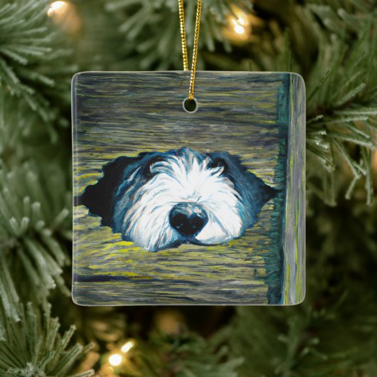 Gepersonaliseerde gluren Oud Engels Sheepdog hond Keramisch Ornament (Boom)