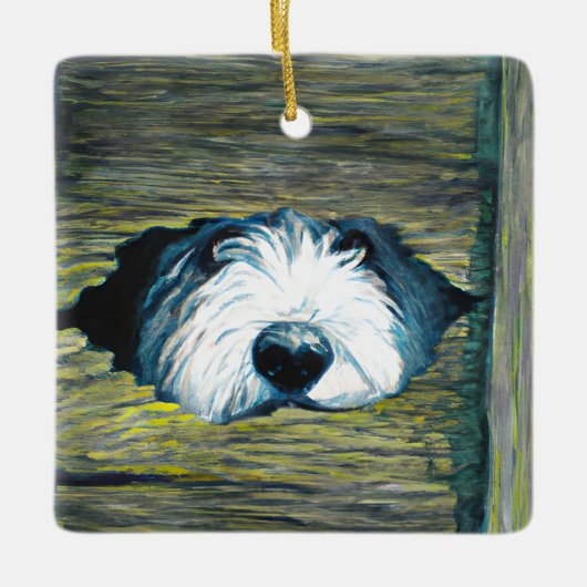 Gepersonaliseerde gluren Oud Engels Sheepdog hond Keramisch Ornament (Voorkant)