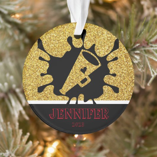 Gepersonaliseerde Gold & Black Cheerleading Orname Ornament (Boom)