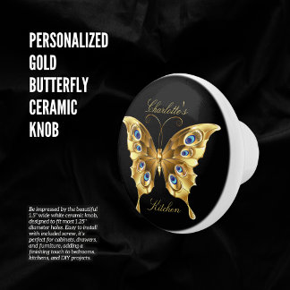 Gepersonaliseerde Gold Butterfly Black Keramische Knop