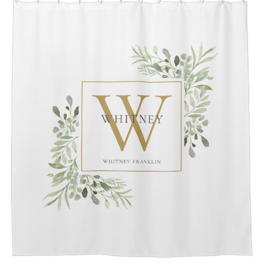 Gepersonaliseerde Gold Monogram Waterverf Greenery Douchegordijn (Voorkant)
