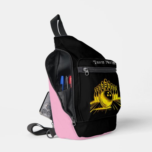 Gepersonaliseerde Golden Bowling Team Design Sling Bag (Open)