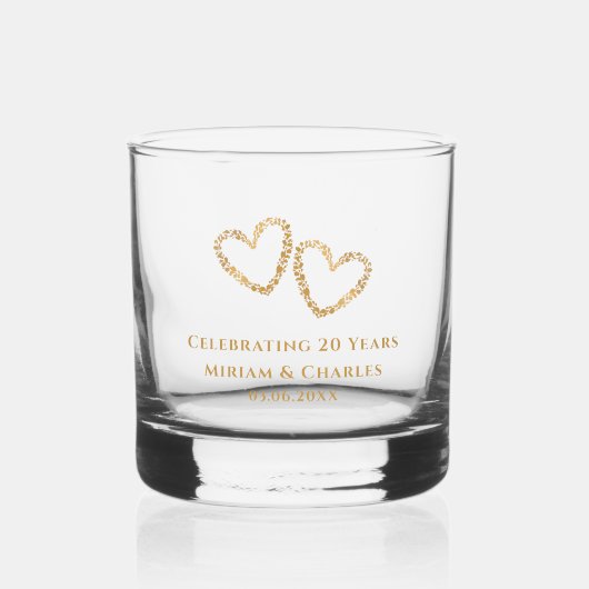 Gepersonaliseerde Golden Heart 20e bruiloft Jubile Whisky Glas (Voorkant)