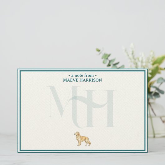 Gepersonaliseerde Golden Retriever Note Monogram Briefpapier (Staand voorkant)