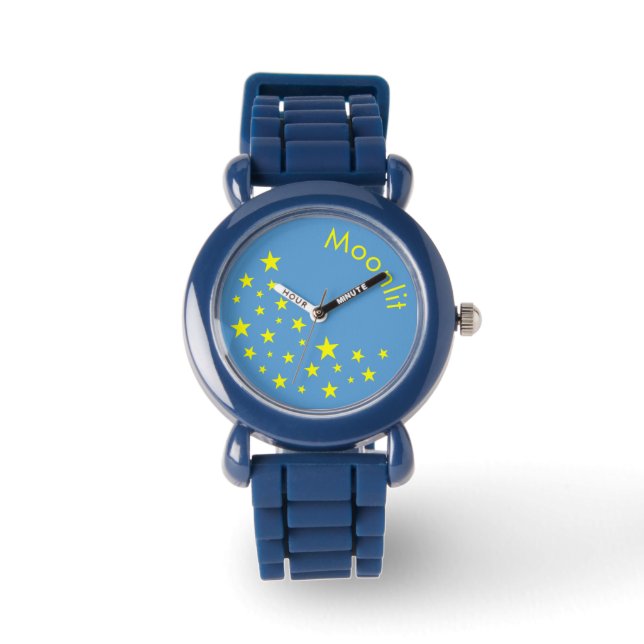 Gepersonaliseerde Golden Stars en Moon Blue Horloge (Voorkant)