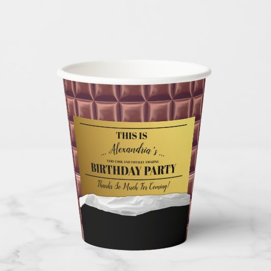 Gepersonaliseerde Golden Ticket Chocolade Party Papieren Bekers (Voorkant)