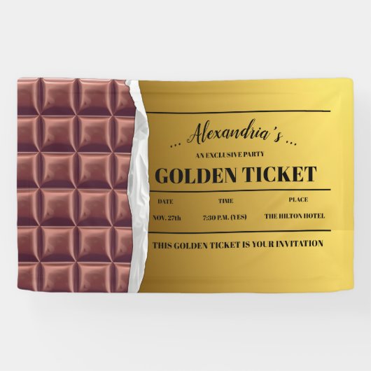Gepersonaliseerde Golden Ticket Chocolade Party Spandoek (Horizontaal)