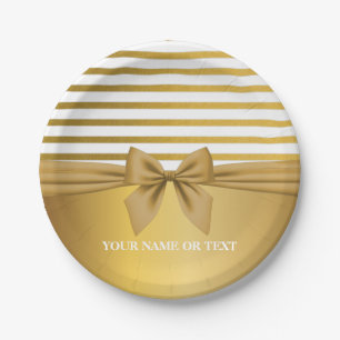 Gepersonaliseerde Golden White Stripes-kerstboom Papieren Bordje
