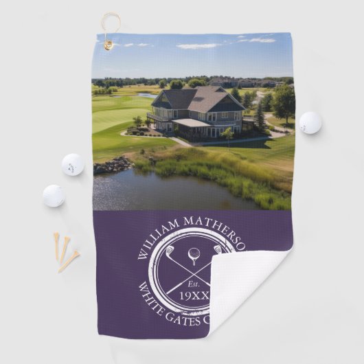 Gepersonaliseerde golfclub naam en foto Paarse Golfhanddoek (Insitu)