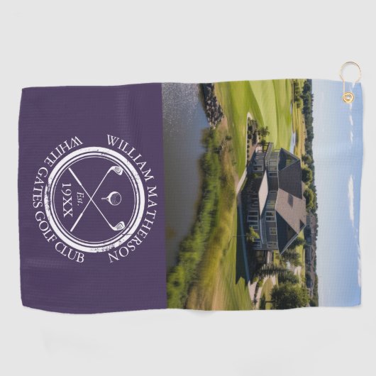 Gepersonaliseerde golfclub naam en foto Paarse Golfhanddoek (Horizontaal)