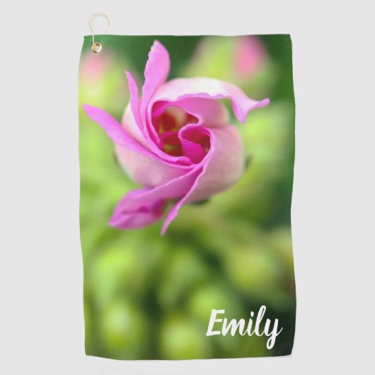 Gepersonaliseerde Golfhanddoek met Roze Bloemknop (Voorkant)