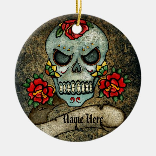 Gepersonaliseerde Gothic Biker Sugar Art Skull Gru Keramisch Ornament (Voorkant)