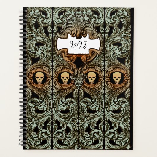 Gepersonaliseerde Gothic Groen Ornament & schedel Planner (Voorkant)