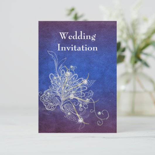 Gepersonaliseerde Goud Blauw Bloemen Bruiloft Uitn Kaart (Staand voorkant)