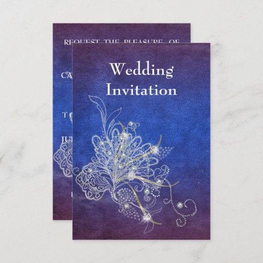 Gepersonaliseerde Goud Blauw Bloemen Bruiloft Uitn Kaart (Voorkant / Achterkant)