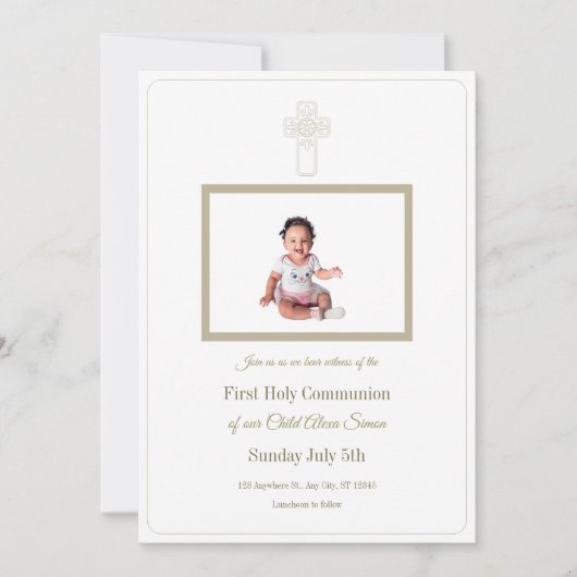 Gepersonaliseerde Goud en Wit Eerste Heilige Commu Kaart (Voorkant)