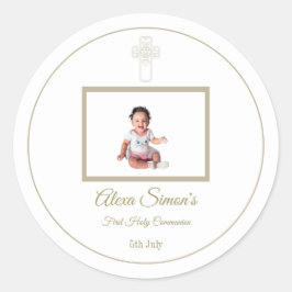 Gepersonaliseerde Goud en Wit Eerste Heilige Commu Ronde Sticker
