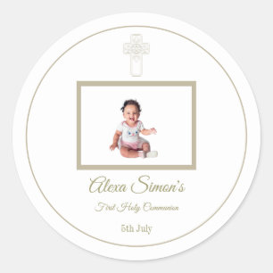 Gepersonaliseerde Goud en Wit Eerste Heilige Commu Ronde Sticker