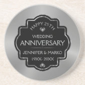 Gepersonaliseerde Goud & Zwart 25ste bruiloft Jubi Zandsteen Onderzetter (Voorkant)