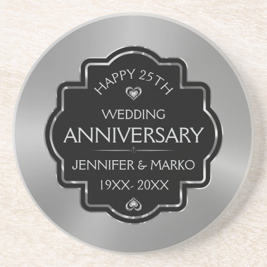 Gepersonaliseerde Goud & Zwart 25ste bruiloft Jubi Zandsteen Onderzetter (Voorkant)