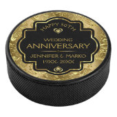 Gepersonaliseerde Goud & Zwart 50ste bruiloft Jubi Hockey Puck (3/4)