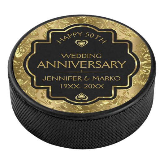 Gepersonaliseerde Goud & Zwart 50ste bruiloft Jubi Hockey Puck (3/4)