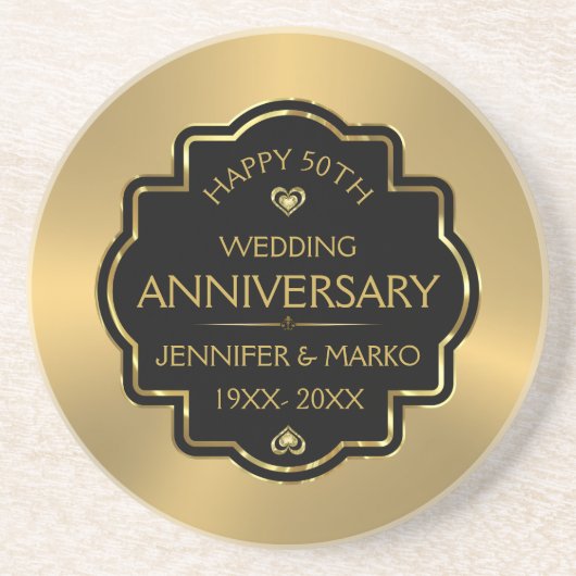 Gepersonaliseerde Goud & Zwart 50ste bruiloft Jubi Zandsteen Onderzetter (Voorkant)