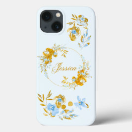  gepersonaliseerde goudblauwe winterbloemen Case-Mate iPhone case