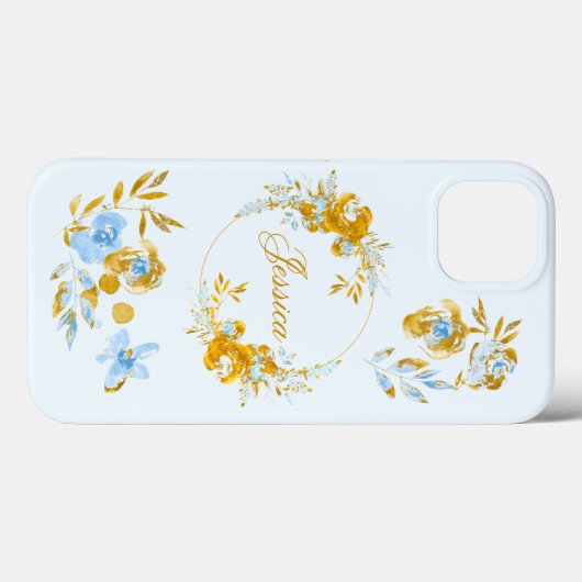 gepersonaliseerde goudblauwe winterbloemen Case-Mate iPhone case (Achterkant (horizontaal))