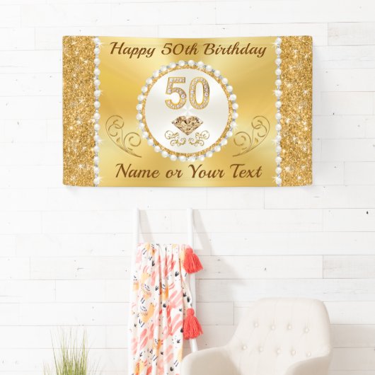 Gepersonaliseerde Gouden, 50ste Verjaardagsbanner Spandoek (Insitu)