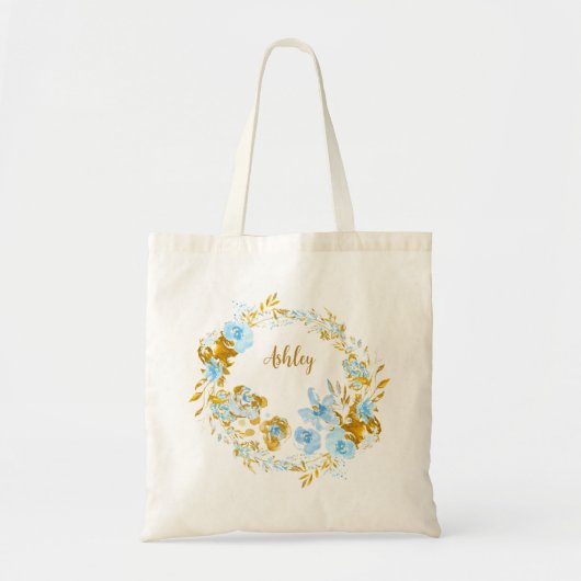 Gepersonaliseerde gouden & blauwe Waterverf bloeme Tote Bag (Voorkant)