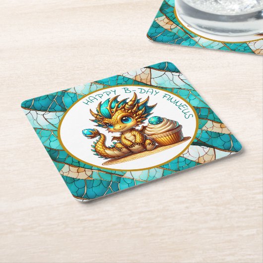 Gepersonaliseerde gouden Blauwgroen Dragon Boy's v Kartonnen Onderzetters (Schuin)