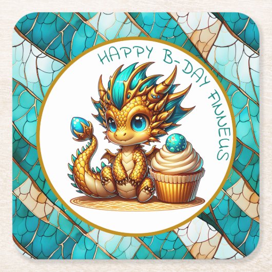 Gepersonaliseerde gouden Blauwgroen Dragon Boy's v Kartonnen Onderzetters (Voorkant)