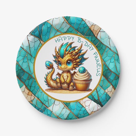 Gepersonaliseerde gouden Blauwgroen Dragon Boy's v Papieren Bordje (Voorkant)