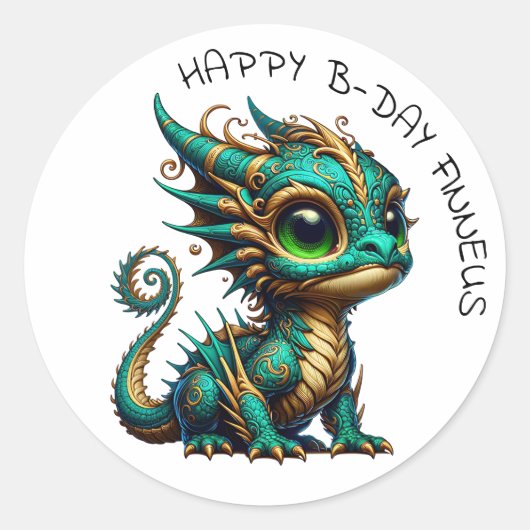 Gepersonaliseerde Gouden Blauwgroen Dragon Boy's V Ronde Sticker (Voorkant)