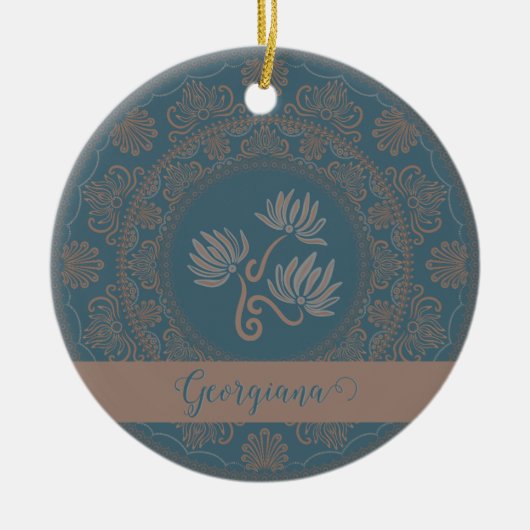 Gepersonaliseerde Gouden Blauwgroen Rococo Lotus D Keramisch Ornament (Voorkant)