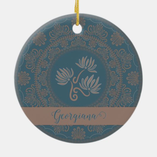 Gepersonaliseerde Gouden Blauwgroen Rococo Lotus D Keramisch Ornament (Achterkant)
