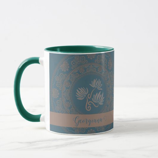 Gepersonaliseerde Gouden Blauwgroen Rococo Lotus D Mok (Links)