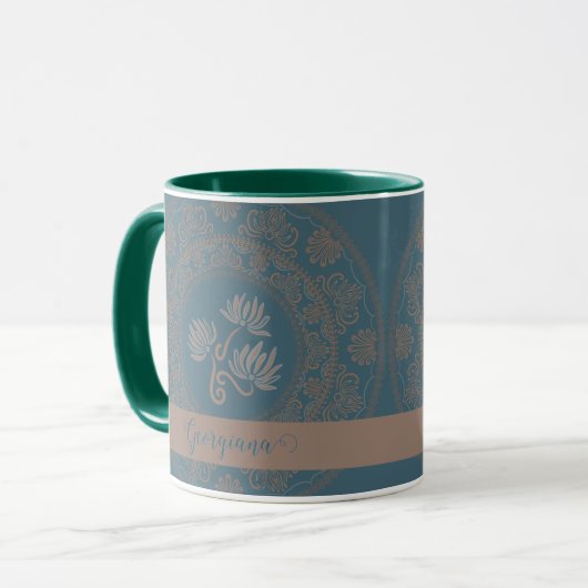Gepersonaliseerde Gouden Blauwgroen Rococo Lotus D Mok (Voorkant links)